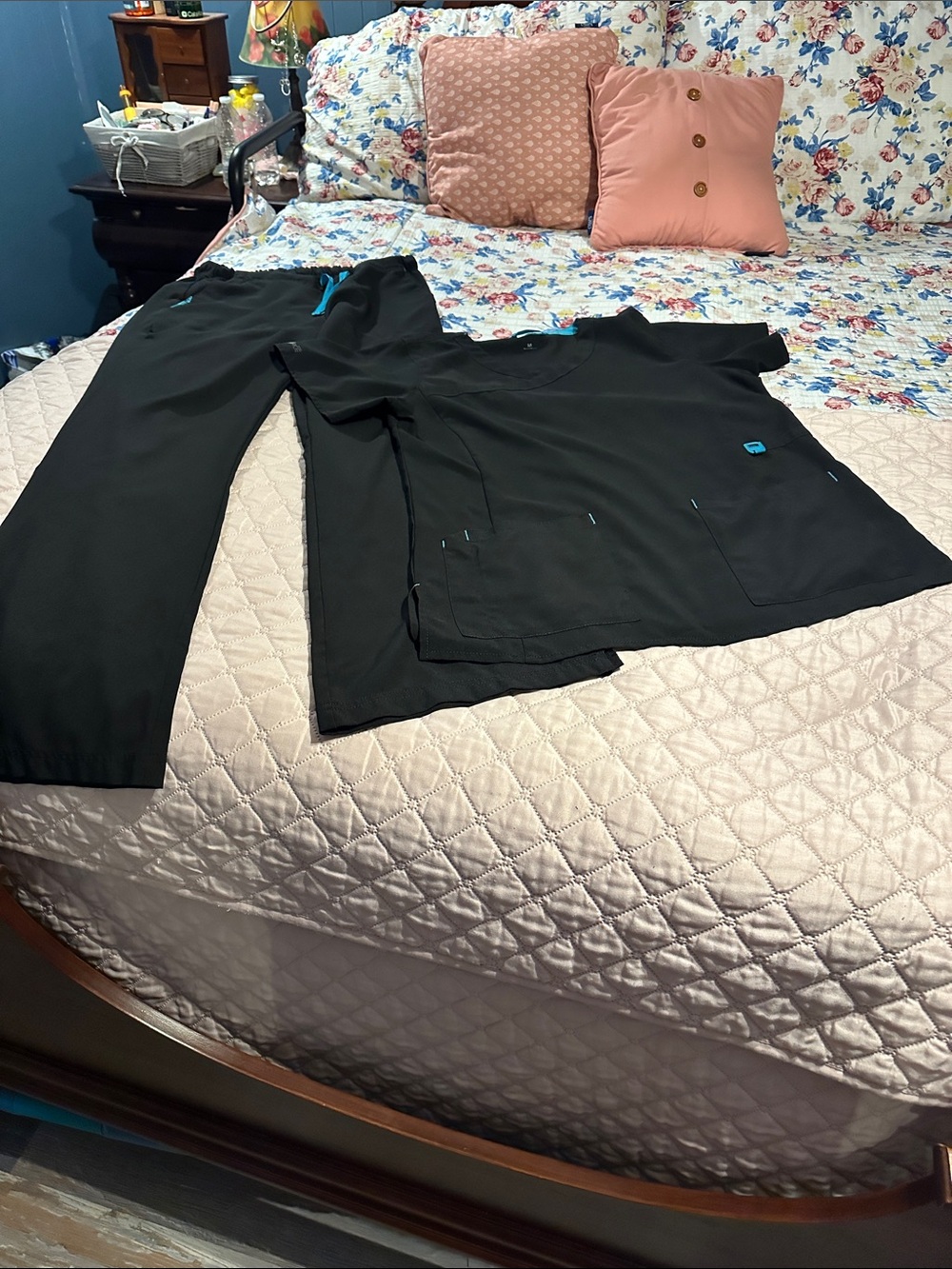 Carhartt Black Workwear Piece with Teal Accent. Scrubs top and pant set.